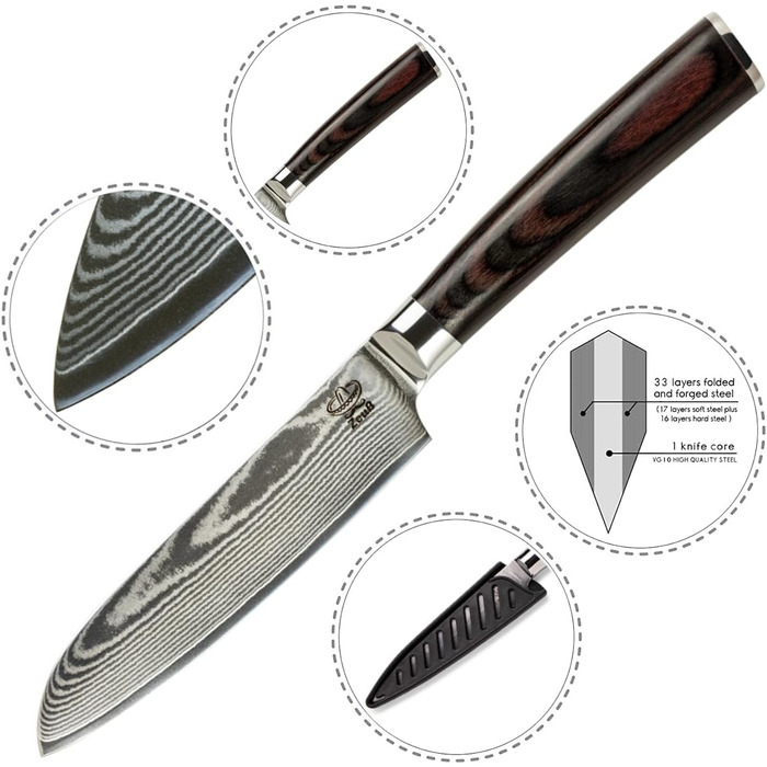 Ніж Santoku ZEUß з дамаської сталі (24 см) - професійний кухонний ніж з дамаської сталі 67 шарів, з точильним каменем, дерев'яною ручкою, захистом леза та подарунковою коробкою (сірий)