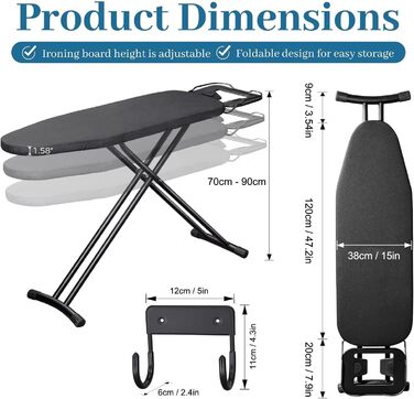 Гладильна дошка WUDLEP регульована по висоті, 140 x 38 см, розкладна, широка, з гачком, висота 70-90 см, з міцної сталі, підходить для більшості парогенераторів