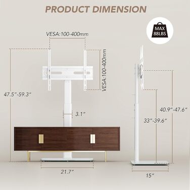 Adjustable Swivel TV Floor Stand for 27-65 Inch Flat & Curved TVs - Universal White TV Stand
