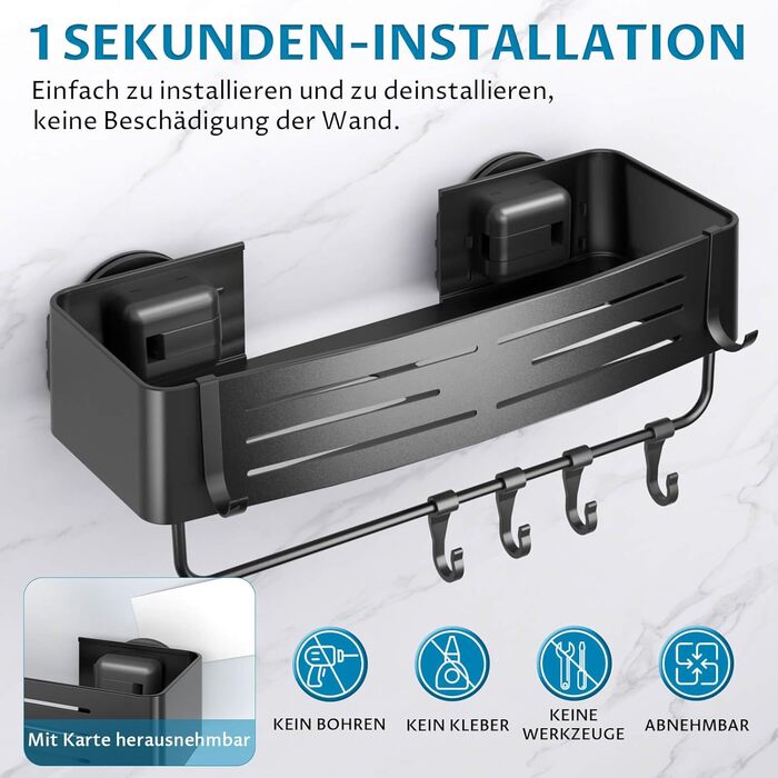 Двошаркова полиця для душу без свердління з присосками, вологостійка, чорна. Організатор для ванної кімнати з тримачем для рушників, шампуню та гелю для душу. Кутова полиця для душу з гачками, 2 шт.