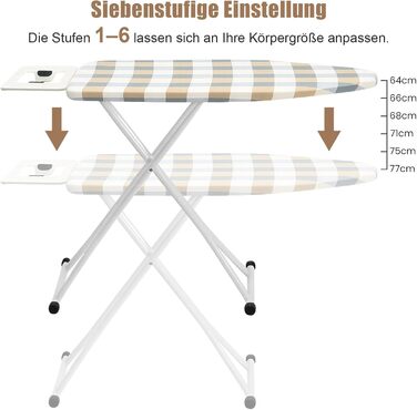 Відкидна дошка для прасування 110 x 38 x 64-77 см, 6 положень по висоті, антиковзні гумові ніжки, бавовняний чохол з підставкою для праски, універсальна, білий квадратний візерунок, жовто-зелений