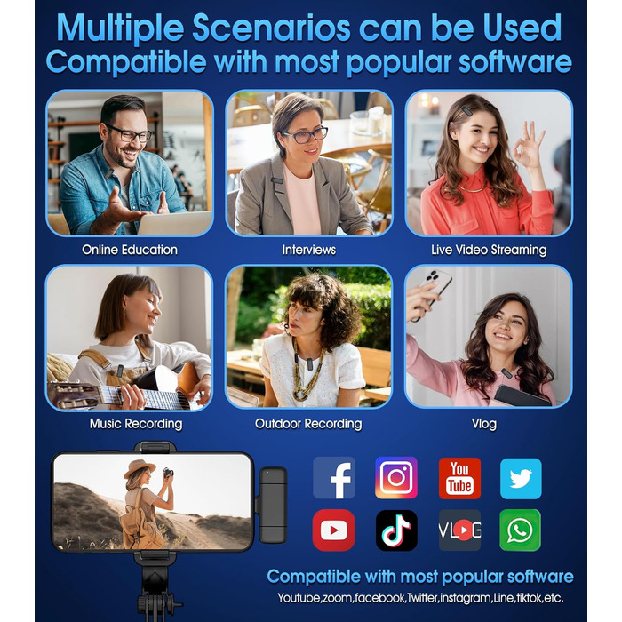 Бездротове мікрофон з кейсом для зарядки iPhone, iPad, Android, USB-C. Лавалерний мікрофон з шумозаглушенням для запису, YouTube, Facebook, TikTok, Vlog, Livestream, Plug and Play