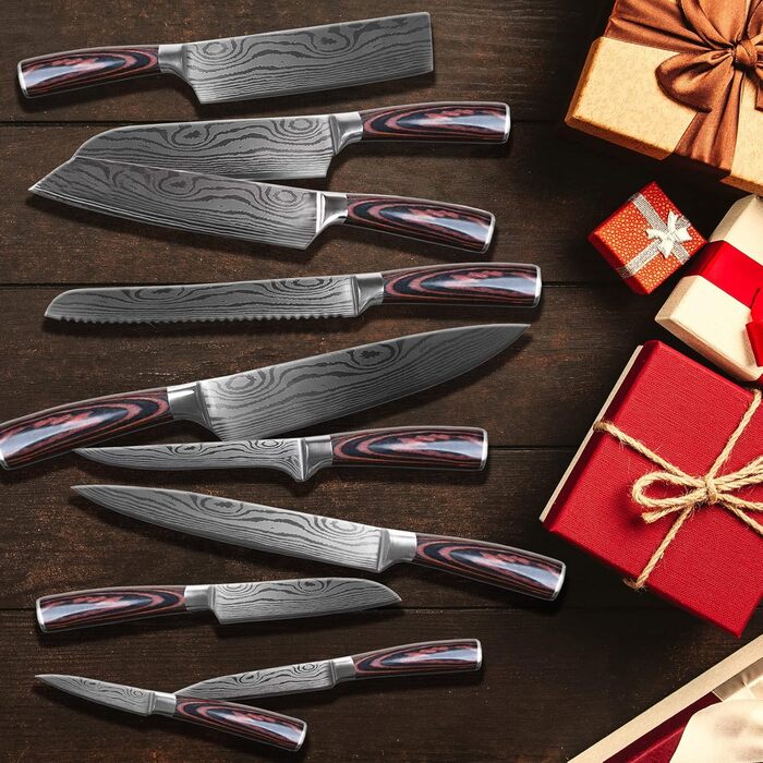 Набір кухонних ножів Gustrug 8 предметів з нержавіючої сталі, гострі ножі з ергономічною ручкою, подарункова коробка, для дому та ресторану