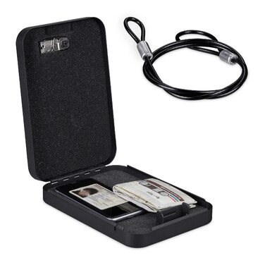 Сейф Relaxdays з кодовим замком, портативний, зі страхувальним тросом, автосейф, сталевий, 5.5x17x25 см, чорний