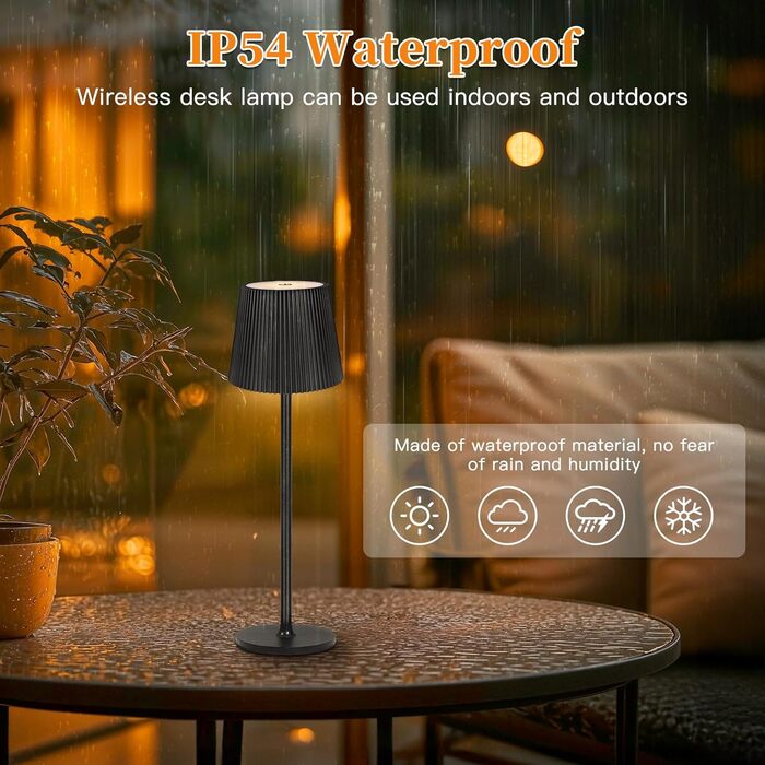 LED-лампа настільна бездротова диммируемая чорна з USB-C, сенсорна лампа з 3 колірними температурами, плавною регулюванням яскравості, регульованою висотою, IP54 вологостійка для внутрішнього/зовнішнього використання, чорна (нова версія)