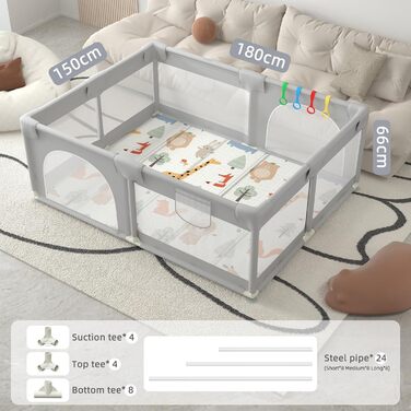 Playpen Baby, 200x160 CM Extra-large playpen for indoor and outdoor use, baby playpen with soft, breathable mesh, includes 50 balls, 6 pull rings