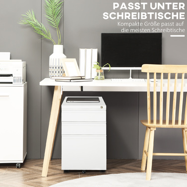 Vinsetto Rolling Storage Cabinet with 3 Drawers and Wheels, Compact Steel with Concave Handle, White 39x48x60cm