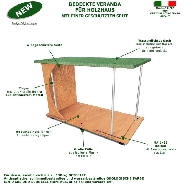Будка для собак LEGNO з верандою, XXXL, з подвійним входом, з масивного дерева, Made in Italy