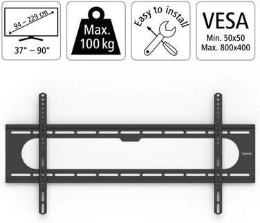 Hama TV Wall Mount Bracket (37-90 inch TVs, up to 100kg, VESA 800x400) - Fixed Black TV Wall Mount with Low Profile, Includes Fischer Anchors & Instructions