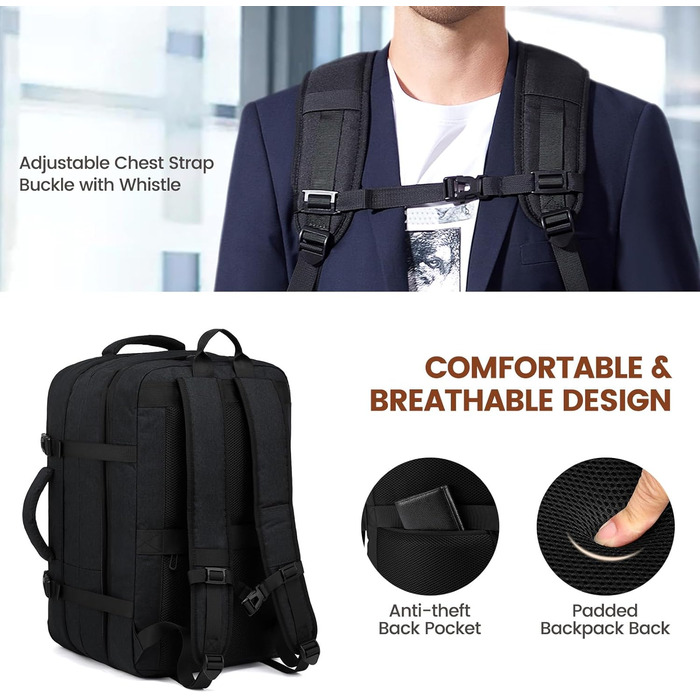 Рюкзак LOVEVOOK 30-40L для подорожей, чорний, з відділенням для ноутбука 17.3 дюйма, антикрадійний, ручна поклажа, розширюваний