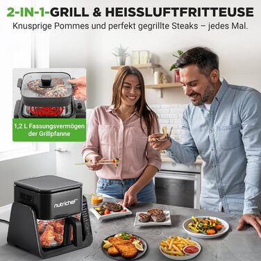 Фритюрниця NutriChef з гарячим повітрям, XXL 8л, подвійна камера, вікно огляду, max 360°C, 9 програм, антипригарне покриття, можна мити в посудомийній машині, безжирова фритюрниця, гриль, випічка, 1700W (4л - чорний)