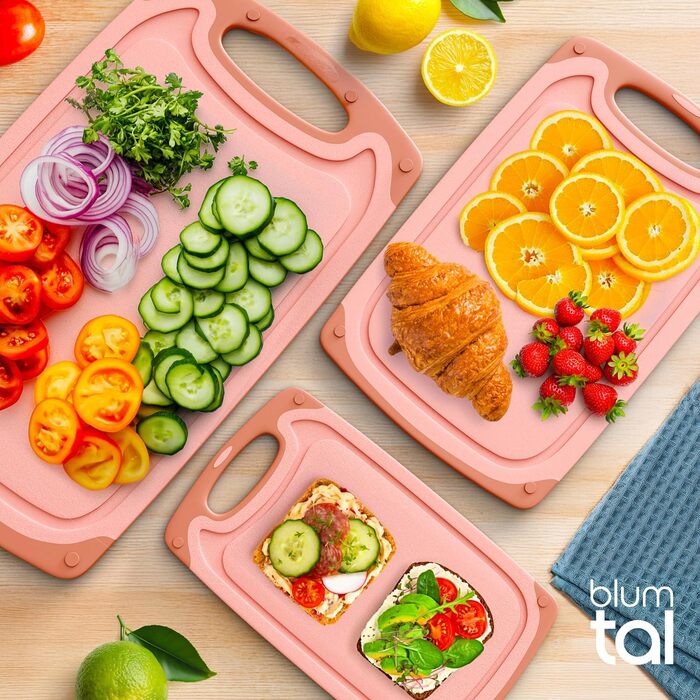 Набір дерев'яних обробних дощок Blumtal (S/M/L) - 3 шт. з жолобками для соку та ручкою, BPA Free, рожевий колір