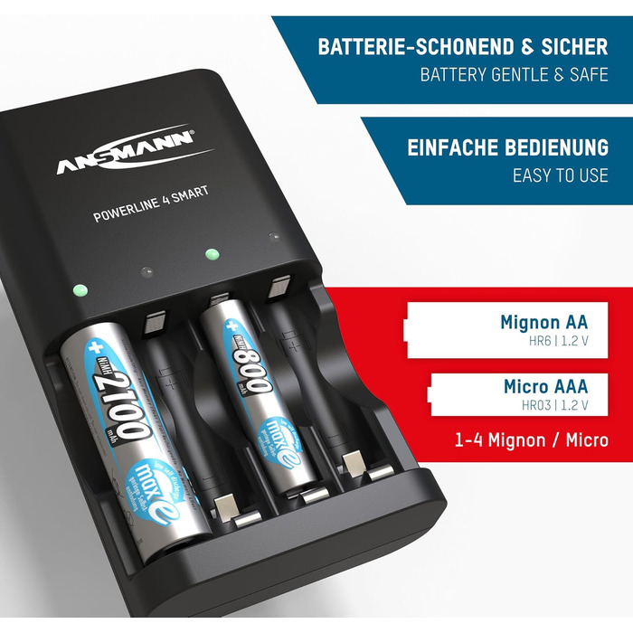 Зарядний пристрій ANSMANN Powerline 4 Smart з 4x NiMH акумуляторами 2850mAh для AA/AAA - автоматичний зарядний пристрій з режимом відновлення, для перезаряджуваних батарей (включно з 4x 1100mAh AAA)