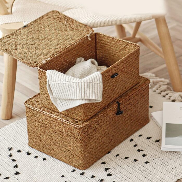 Woven Rattan Storage Basket, Storage Box with Lid, Seagrass, Laundry Baskets, Makeup Organizer for Bathroom, Living Room, Kitchen