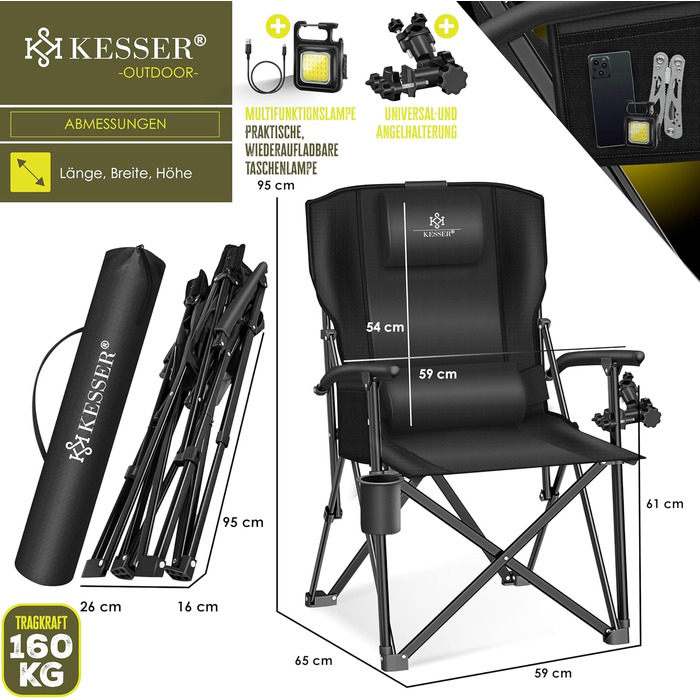 Кресlo для кемпінгу KESSER® розкладне, до 160 кг | Зручне рибальське крісло з підлокітниками, кишенею для напоїв та світлом | Чорний колір