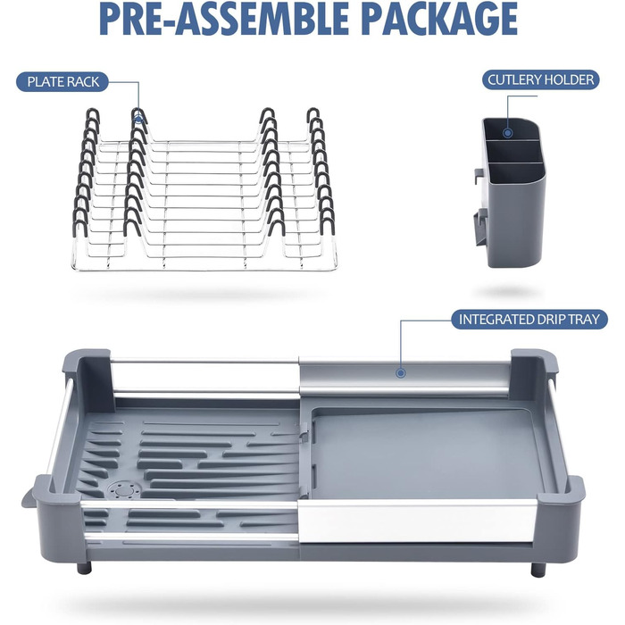 Стійка для посуду KINGRACK: розширювана, з нержавіючої сталі, з підставкою для столових приборів, антиковзаюча, сірого кольору