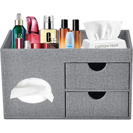 Tissue Box Linen with Drawers, Square Cosmetic Tissue Box with Magnetic Closure, Tissue Box with Side Pocket for Mobile Phones, Cosmetic Brushes, Remote Controls, Office Supplies, Perfumes (Gray)