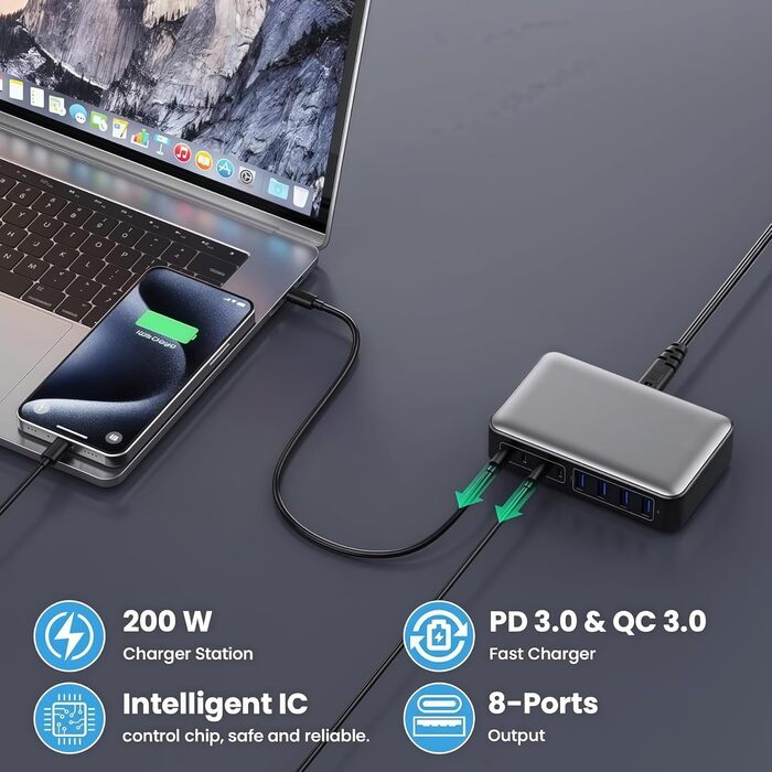 Зарядний пристрій USB-C 620W, 10 портів, швидка зарядка PD PPS 100W, для MacBook Pro/Air, iPad, iPhone 16/15/14/13/12 Pro Max, Samsung (чорний)