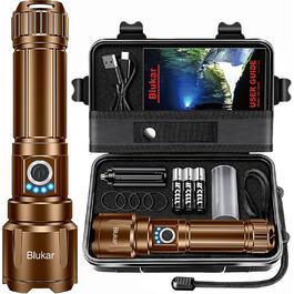 Ліхтар LED Blukar, перезарядна, надпотужний, з регулюванням фокусу, 5 режимів, водонепроникний IP67, для кемпінгу, туризму, риболовлі, надзвичайних ситуацій (колір: коричневий)