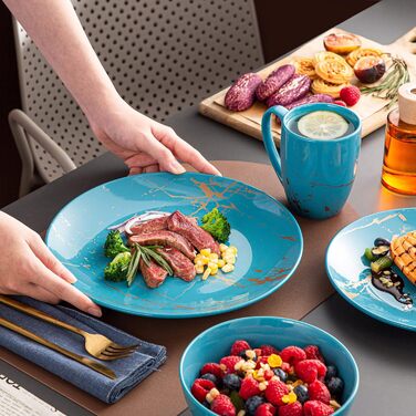 LOVECASA Сервіз столовий порцеляновий, Sweet 16-Piece Комбінований набір, 48-Piece Сервіз, дизайн з золотим напиленням, для 4-12 осіб, колір Aqua-fr-blue