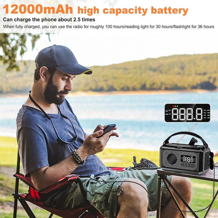 Радіоприймач Kurbelradio на 12000mAh з ручним зарядом, сонячною панеллю, AM/FM, зарядкою для телефону, SOS, ліхтарик, компас, LED-лампа (сірий)