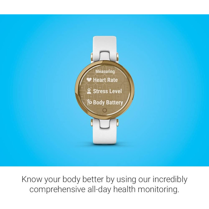 Garmin Lily™ – класичний розумний годинник з сенсорним екраном та декорованим корпусом, світло-золотистий з білим шкіряним ремінцем