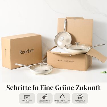 Redchef Ceramic Nonstick Induction Pan Set - 6 Piece Cookware Set with Lids (20/24/28cm) - PFOA, PTFE, PFAS Free