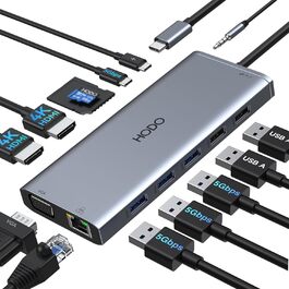 Док-станція USB-C з підтримкою двох моніторів, 14 в 1 для ноутбука: HDMI, VGA, Ethernet, PD, USB, SD/TF, Аудіо