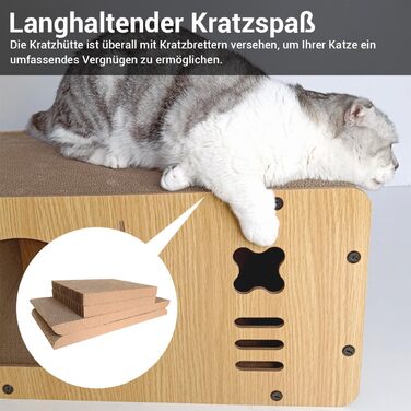 Cat Cave with Scratching Board, XXL Indoor Cat House made of Cardboard, Cardboard Scratcher for Cats, Scratching Pad Lounge, Durable Cat Toy 55 * 29 * 28cm (Little Monster)