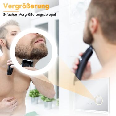 Дзеркало для ванної кімнати SONNI з підсвічуванням 80x60 см, 3 кольори світла, проти запотівання, LED, сенсорна кнопка, годинник, температура, 3-кратне збільшення