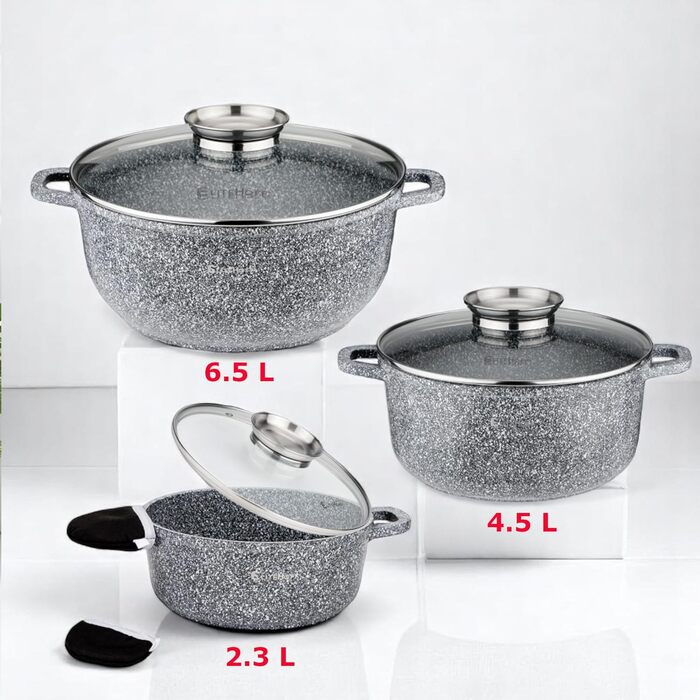 Набір каструль та сковорідок EliteHoff Induktion, 17 предметів, з антипригарним покриттям, для всіх типів плит, нержавіюча сталь, сірий, E-7031