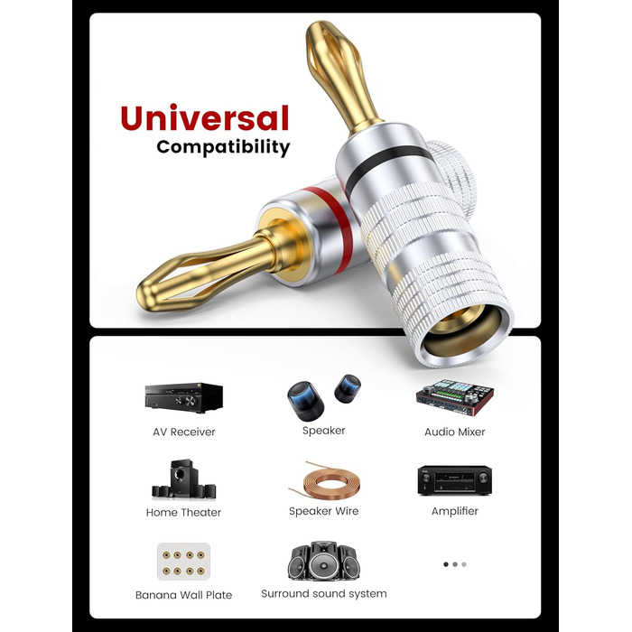MOSWAG Бананові конектори для акустичних кабелів 4 шт. (2 пари), 24K позолота, для акустичних систем, AV-ресиверів, домашнього кінотеатру (підходить для кабелів діаметром до 4.5 мм)