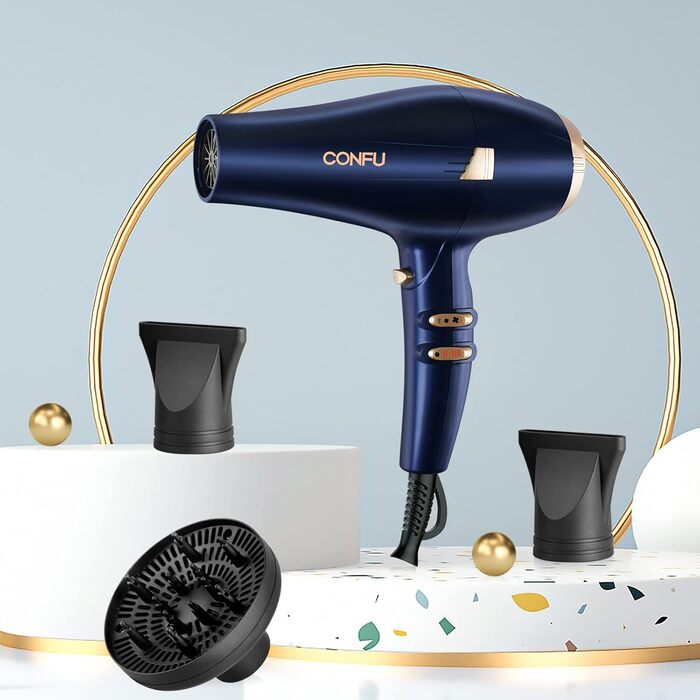 Фен CONFU Profi з іонами, 2400W, з насадкою-дифузором та стайлінговою насадкою, 2 швидкості, 3 режими нагріву, AC мотор, для салону та дому (зелений, темно-синій)