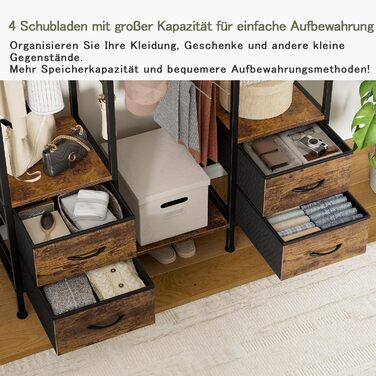 Шафа відкрита, вішалка для одягу, гардеробна стійка з 4 шухлядами, стійка для одягу, для спальні, вітальні, передпокою (rustic brown)