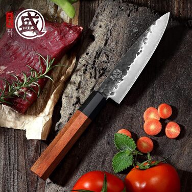 Японський ніж Santoku Mitsumoto Sakari 19 см з ручкою з рожевого дерева та дерев'яною коробкою, ніж для овочів 14 см