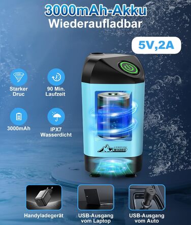 WADEO Portable Camping Shower Battery with Pump and Shower Bucket, Camping Shower with Rechargeable Battery, Mobile Shower Outdoor Showers with Shower Head, for Camping Trips, Garden, Hiking, Car Washing (Blue, with 20L Container)