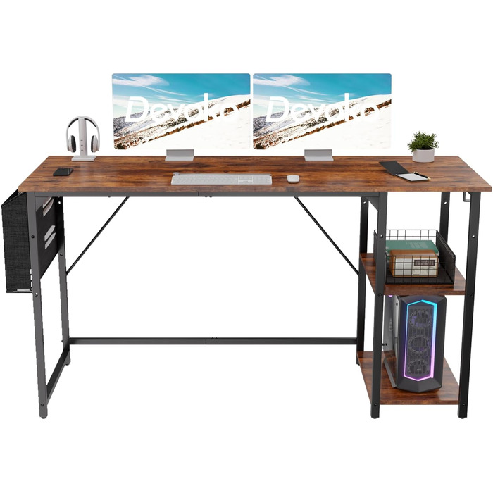 Devoko 140cm Computer Desk with Reversible Shelf, Small Desk with Headphone Hooks, Small Computer Desk for Home Office, Small Office Desk for Home Office, Vintage Brown 140 x 50 cm Vintage Brown