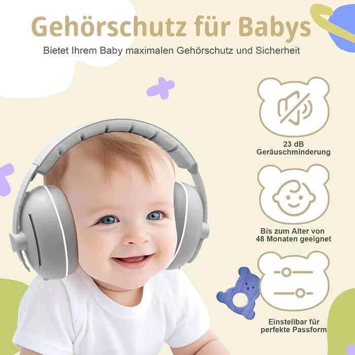 Навушники-захисники для малюків 2-в-1, від 0 до 48 місяців (сірий)