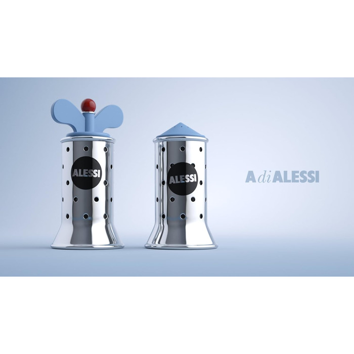 Alessi salt shaker made of stainless steel with lid and closure made of PA, white, 3.5 x 7 x 8.5 cm