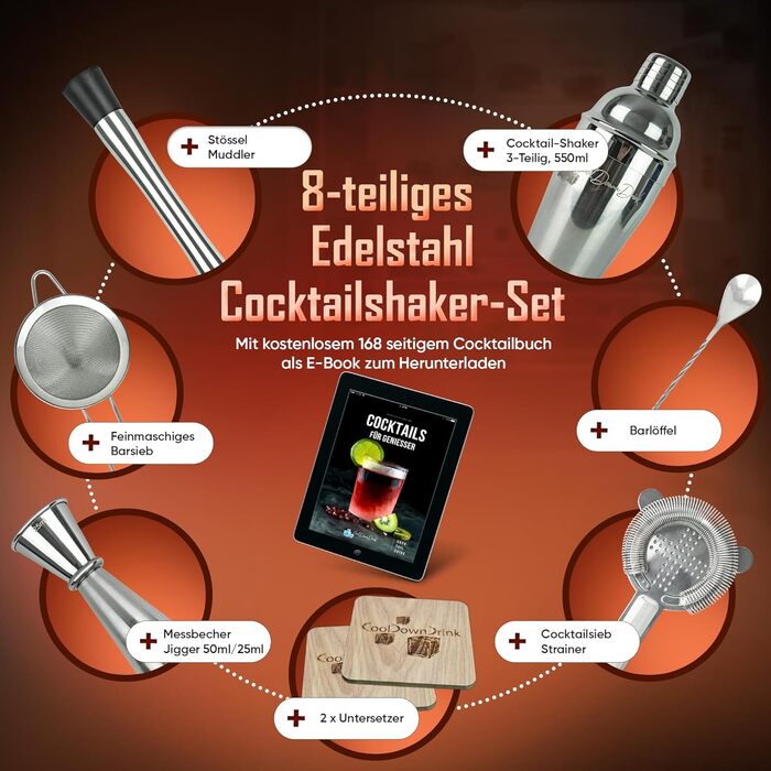 Набір для коктейлів CoolDownDrink 8 предметів: шейкер з нержавіючої сталі, аксесуари та електронна книга рецептів (168 стор.)