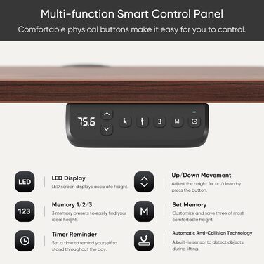 VOSATRON Electric Standing Desk 160x60cm - Height Adjustable Desk with Memory Control & Anti-Collision Technology, Wheels, Joining Board, Black Frame/Black Tabletop
