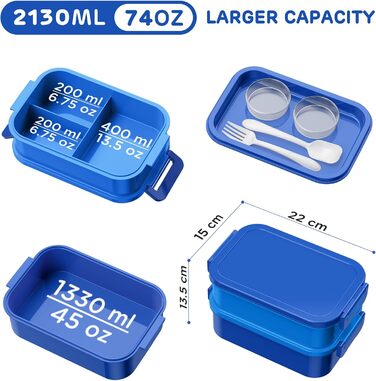 Ланчбокс WayEee 2130 мл, великий об'єм, витікoзахисний, BPA Free, для дорослих (блакитний)