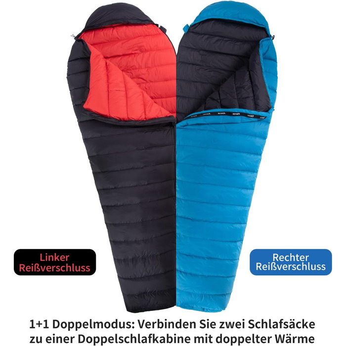 Сплячий мішок для дорослих та дітей, легкий зимовий спальник Outdoor 8°C ~ -30°C для кемпінгу та альпінізму з 650 FP гусячим пухом, блакитний, 500г пуху