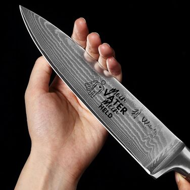 Ніж кухарський Wakoli EDIB з дамаської сталі (серцевина VG10), 20 см - гострий та збалансований. Дамаський ніж з ручкою з паккавуду в подарунковій коробці - для професійних та аматорських кухарів (з гравіюванням логотипу)