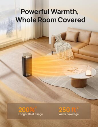 Dreo Heater - Energy-Saving, Quiet, 2000W Ceramic Heater with Thermostat, 12-Hour Timer, 3 Modes, 70° Oscillation, 16 Inch Electric Heater for Rooms, Overheat and Tip-Over Protection, Solaris Slim H2, Gold