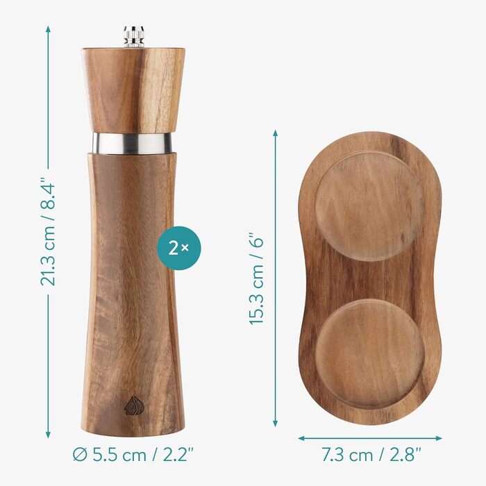 Navaris Salt and Pepper Grinder Set - Spice Grinder Dispenser for Spices - Salt and Pepper Shakers made of Wood - with Tray - for Grinding - Refillable