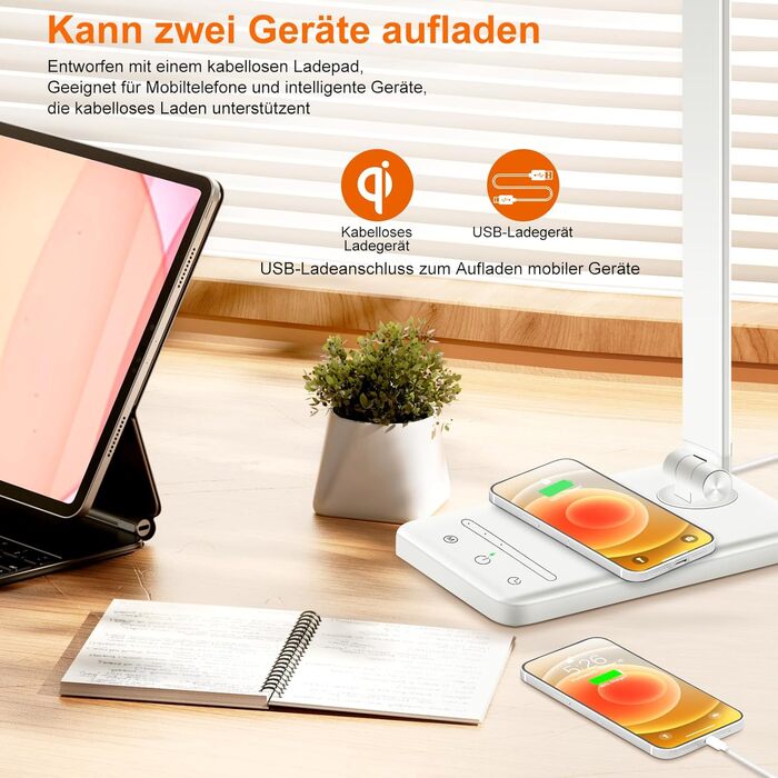 LED настільна лампа Weareok з регулюванням яскравості, захистом для очей, бездротовою зарядкою Qi та USB-портом, білий колір