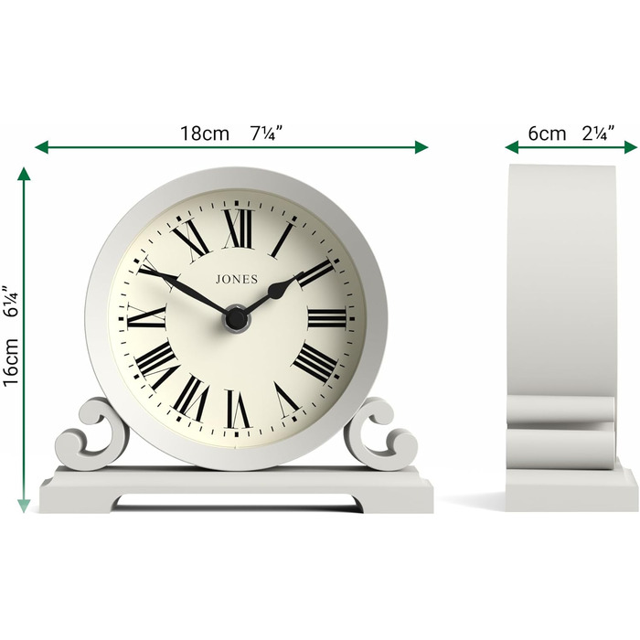 JONES CLOCKS® Saloon Table Clock | Traditional Double-Scroll Design | | Roman Numerals | Classic style for desk, table, shelf or bedside table. (Gray)