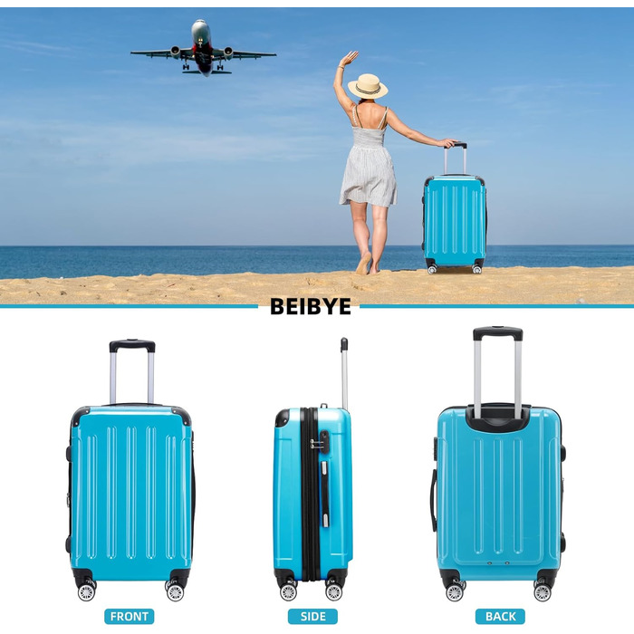 Набір валіз Beibye 3шт, жорсткий корпус, туркіс (блакитний)
