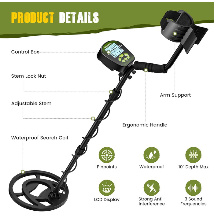 Металошукач з водонепроникною котушкою, регульована штанга, регульована довжина, чутливість та аудіо, легкий для дорослих та дітей, режими 'Всі метали', 'DISC', 'PP', LCD-дисплей